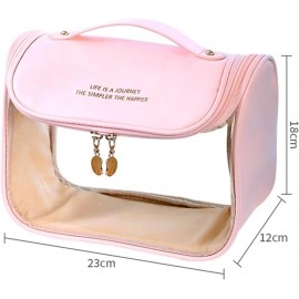 Makeup Bag, Portable Cosmetic Bag, Large Capacity Travel Makeup Organizer, Leather Cosmetic Brush Case for Women Toiletry Bag for Girls with Handle and Divider (Brown)