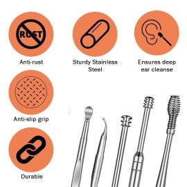 Ear Wax Cleaner Reusable Removal Kit Steel Ear Cleansing Tool Set Spiral Ear Curette Tool with Cleaning Brush and Storage Box For Kids Man Woman (6Pcs)