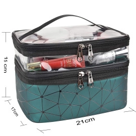 Dual Layer Makeup Bag, Makeup Pouch for Women, Cosmetic Bag for Storage of Toiletries and Brushes - 21 x 17 x 15 cm - Green