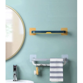 Kitchen Bathroom Folding Towel Shelf Magic Sticker Series Self Adhesive Towel Rack Wall Mounted Double Bar Towel Holder with Hooks Adjustable Towels Hanger Rod (1Pcs, Multicolor)