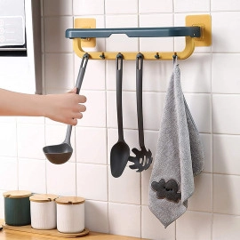 Kitchen Bathroom Folding Towel Shelf Magic Sticker Series Self Adhesive Towel Rack Wall Mounted Double Bar Towel Holder with Hooks Adjustable Towels Hanger Rod (1Pcs, Multicolor)