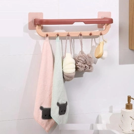 Kitchen Bathroom Folding Towel Shelf Magic Sticker Series Self Adhesive Towel Rack Wall Mounted Double Bar Towel Holder with Hooks Adjustable Towels Hanger Rod (1Pcs, Multicolor)