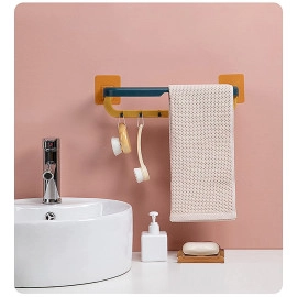Kitchen Bathroom Folding Towel Shelf Magic Sticker Series Self Adhesive Towel Rack Wall Mounted Double Bar Towel Holder with Hooks Adjustable Towels Hanger Rod (1Pcs, Multicolor)