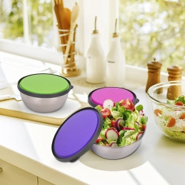 3-Set Stainless Steel Food Container Bowls with Air Tight Plastic Lid Round Shape Food Storage Bowls for Kitchen/Cooking/Mixing/Baking/Food Serving (Multicolour, 1set)