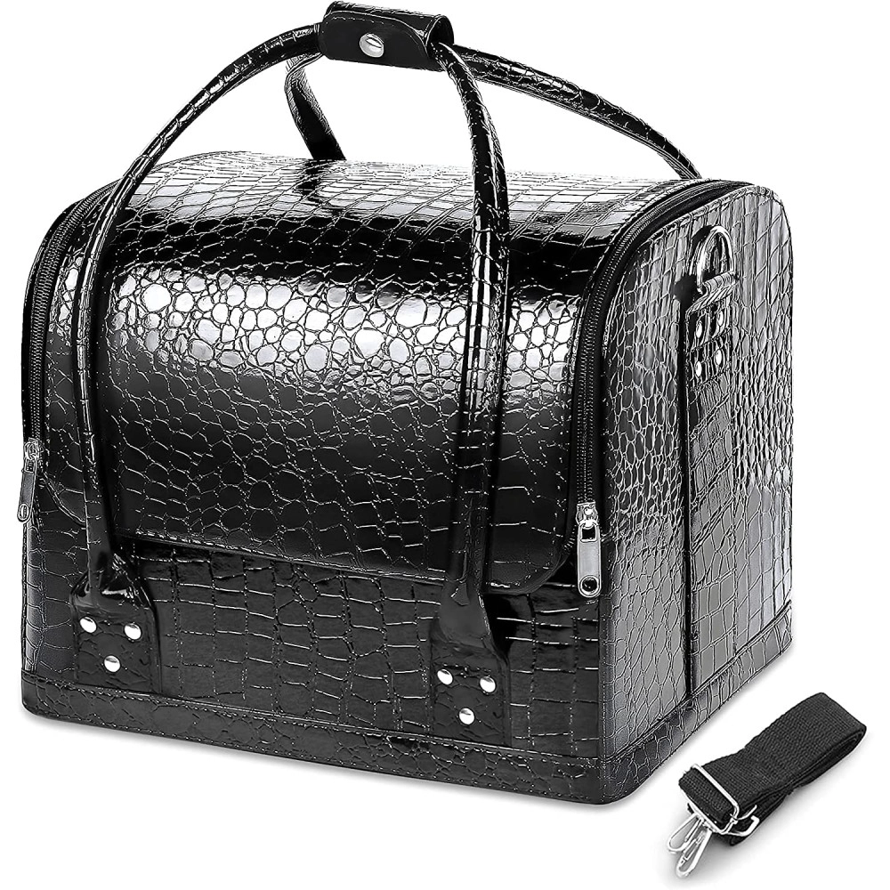PU Leather Professional Makeup Case | Waterproof Cosmetic Organizer with 4 Trays | Large Travel Storage for Home, Salon & Gifts | Stylish Black Design (1-Piece)