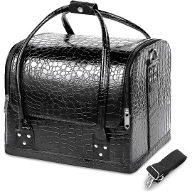PU Leather Professional Makeup Case | Waterproof Cosmetic Organizer with 4 Trays | Large Travel Storage for Home, Salon & Gifts | Stylish Black Design (1-Piece)
