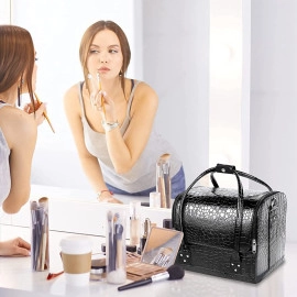 PU Leather Professional Makeup Case | Waterproof Cosmetic Organizer with 4 Trays | Large Travel Storage for Home, Salon & Gifts | Stylish Black Design (1-Piece)
