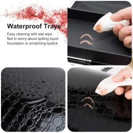 PU Leather Professional Makeup Case | Waterproof Cosmetic Organizer with 4 Trays | Large Travel Storage for Home, Salon & Gifts | Stylish Black Design (1-Piece)