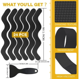 24 Pcs Non-Slip Bathtub Stickers, Anti Slip Shower Strips Treads, Safety Bathroom Tubs Mat with Scraper, for Pools Stairs Steps Ladders Boats(Black Color)