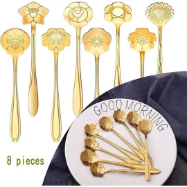 Golden Spoons, Coffee Spoon, Flower Teaspoons, Desserts Spoons, Stainless Steel Reusable Tea Scoops, Spoon Set for Kitchen, Dessert House, Cafe Or Bar (4PCS Spoon)