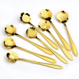 Golden Spoons, Coffee Spoon, Flower Teaspoons, Desserts Spoons, Stainless Steel Reusable Tea Scoops, Spoon Set for Kitchen, Dessert House, Cafe Or Bar (4PCS Spoon)