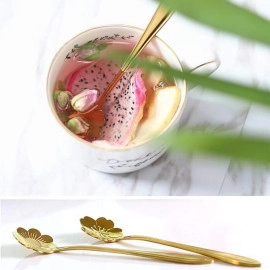 Golden Spoons, Coffee Spoon, Flower Teaspoons, Desserts Spoons, Stainless Steel Reusable Tea Scoops, Spoon Set for Kitchen, Dessert House, Cafe Or Bar (4PCS Spoon)