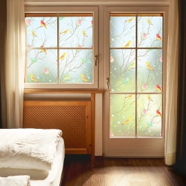 Window Film Decorative No Adhesive, Frosting Privacy Film for Glass Windows, Static Cling Frosted Window for Home Office UV Protection 45x200cm (GLUELESS Glass Birds Film)