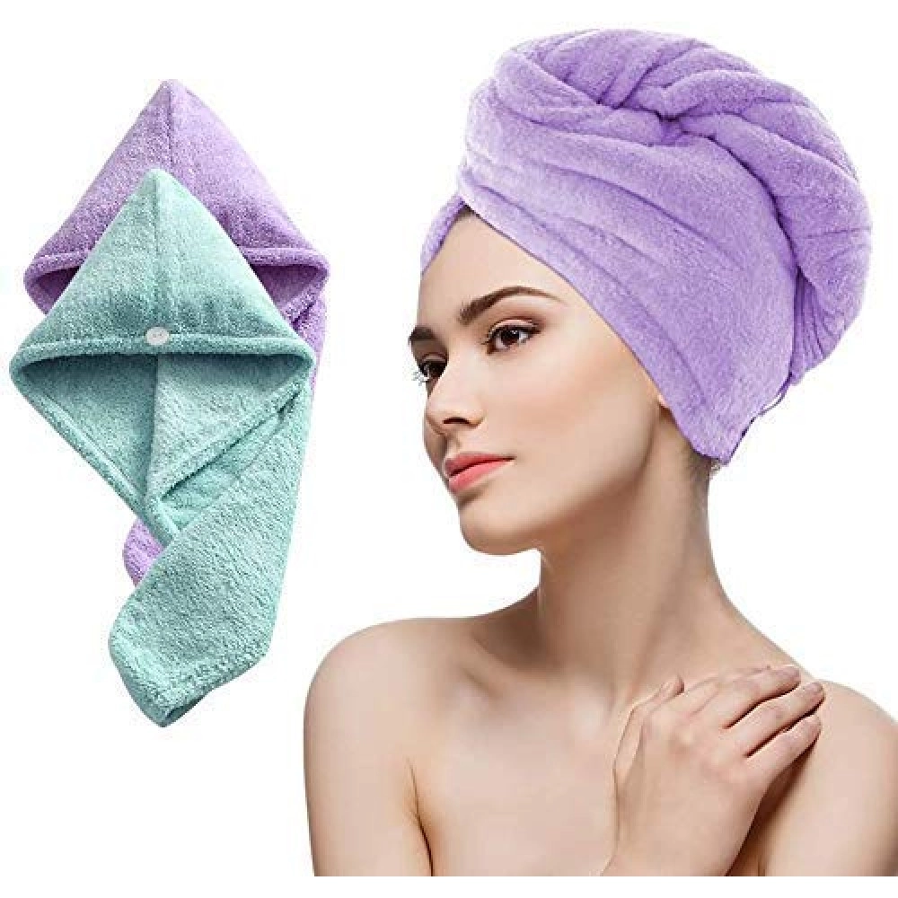 2 PCS Microfiber Hair Wraps Magic Fast Dry Towel Drying Bath Twist Hat Spa Soft Cap Hair Towel Wrap for Hair Super Absorbent Hair Drying Towel with Button Design Hair Turbans for Women (Multicolor)