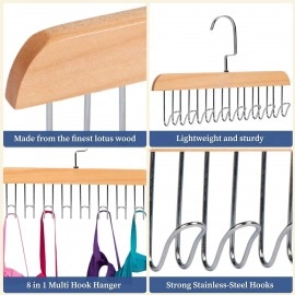 Anti-Slip Multi Hook Coat Rack, Multifunctional Non-Slip Storage Hangers with 8 Hooks 360 Degree Swivel Wooden Belt Hanger for Home Closet Clothing Storage Organization (Pack of 4)