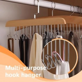 Anti-Slip Multi Hook Coat Rack, Multifunctional Non-Slip Storage Hangers with 8 Hooks 360 Degree Swivel Wooden Belt Hanger for Home Closet Clothing Storage Organization (Pack of 4)