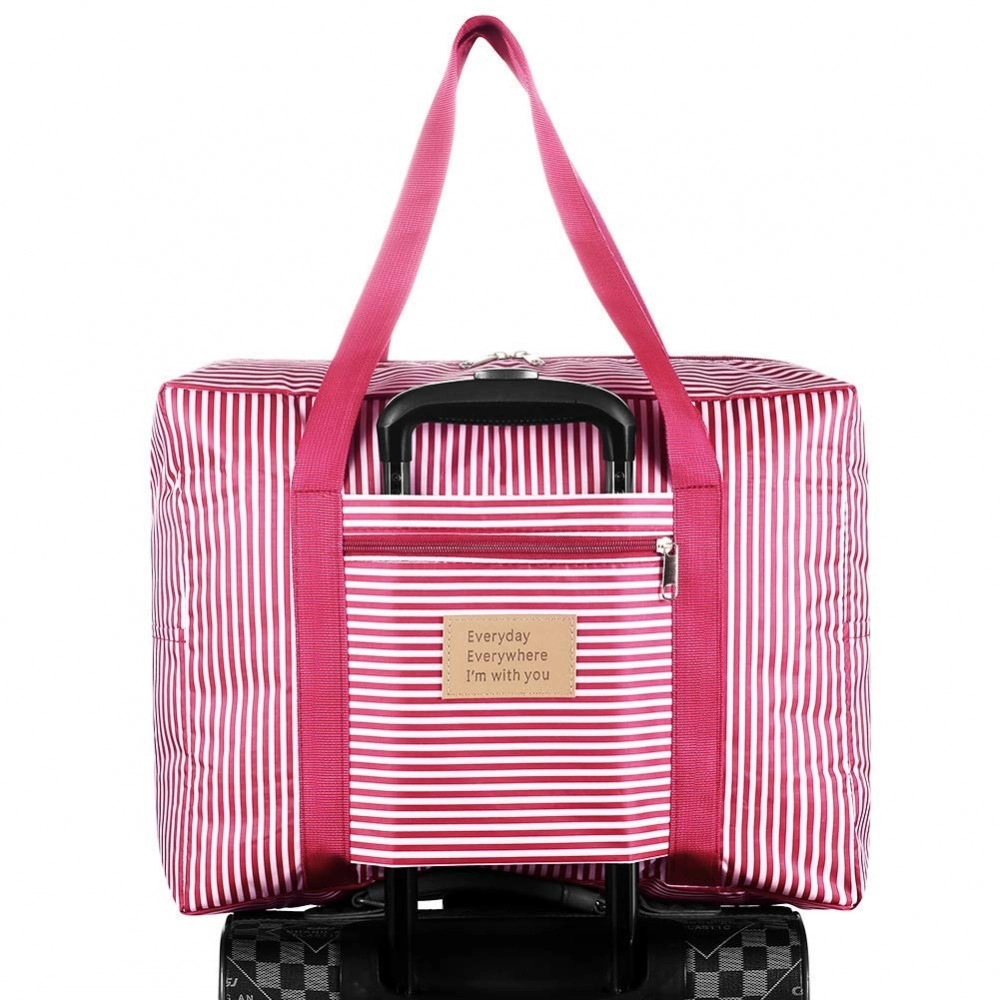 Fabric Oxford Waterproof Folding Travel Foldable Reusable Large Carry Tote Bag with Zipper Travel Duffel Bag Women's Travel Bags Lightweight Foldable Waterproof Shoulder Handbag Duffle Bag (Pink)
