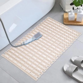 PVC Shower Mat Anti-Skid Plastic Bath Mat of PVC Rubber Shower Mat with Suction Cups and Drain Holes Foot mats for Walk-in Showers Mat (Beige)