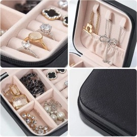 Portable Mini PU Leather Small Jewelry Box, Travel Portable Jewelry Case for Ring Bracelet Organizer Storage Holder Box Multipurpose pink 1 pcs (Black)