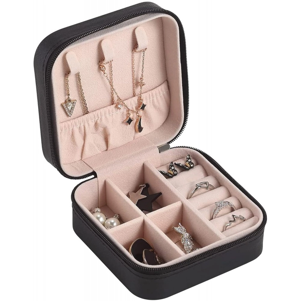 Portable Mini PU Leather Small Jewelry Box, Travel Portable Jewelry Case for Ring Bracelet Organizer Storage Holder Box Multipurpose pink 1 pcs (Black)