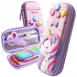 Unicorn Pencil Pouch 3D Unicorn Cover Pencil Case Compass with Compartments School Supply Organizer for Students Stationery Box Cosmetic Zip Pouch Bag (Purple)