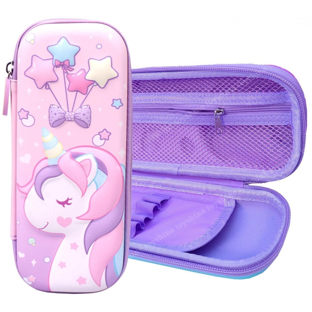 Unicorn Pencil Pouch 3D Unicorn Cover Pencil Case Compass with Compartments School Supply Organizer for Students Stationery Box Cosmetic Zip Pouch Bag (Purple)