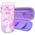Unicorn Pencil Pouch 3D Unicorn Cover Pencil Case Compass with Compartments School Supply Organizer for Students Stationery Box Cosmetic Zip Pouch Bag (Purple)