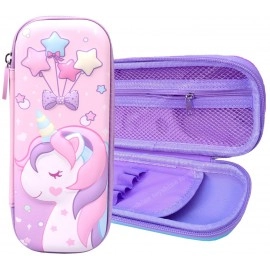 Unicorn Pencil Pouch 3D Unicorn Cover Pencil Case Compass with Compartments School Supply Organizer for Students Stationery Box Cosmetic Zip Pouch Bag (Purple)