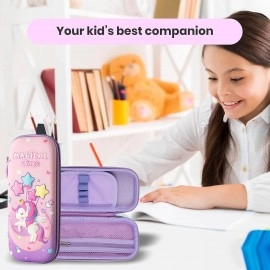 Unicorn Pencil Pouch 3D Unicorn Cover Pencil Case Compass with Compartments School Supply Organizer for Students Stationery Box Cosmetic Zip Pouch Bag (Purple)