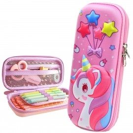 Unicorn Pencil Pouch 3D Unicorn Cover Pencil Case Compass with Compartments School Supply Organizer for Students Stationery Box Cosmetic Zip Pouch Bag (Purple)