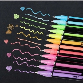 Neon Pens (set of 12), Color Gel Pen set of Metallic, Glitter & Pastels for Students/Art & Craft | Drawing Sketch Pen Set for Kids Return/Birthday Gift | (Pack of 1)