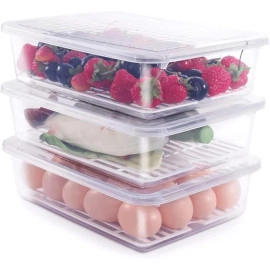 Fridge Storage Boxes Fridge Organizer With Removable Drain Plate & Lid, Stackable Portable Storage Containers Tray To Keep Fresh For Fish, Meat, Fruits (2500Ml) (Plastic) (Pack-2), Blue