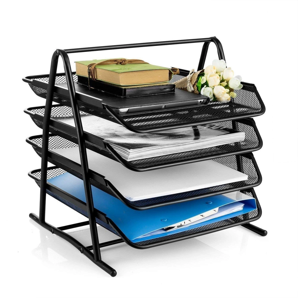Countertop 4 Tiered Shelf Office Desktop Tray Rack, Mesh Metal Desk Organizer File Rack Letter Tray A4 Papers Documents Holder Desk Organizer For Office (Black)