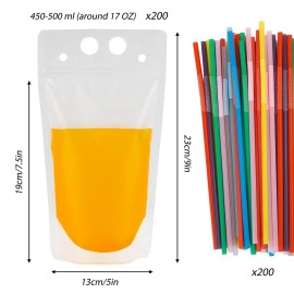 10 PCS Drink Pouches for Adults with Straws, Heavy Duty Hand-held Translucent Reclosable Plastic Smoothie Drink Pouches with 10 Straws