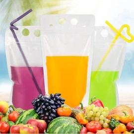 10 PCS Drink Pouches for Adults with Straws, Heavy Duty Hand-held Translucent Reclosable Plastic Smoothie Drink Pouches with 10 Straws