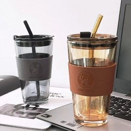 Premium Glass Sipper Fruit Juice Milk Tumbler Mug with Leather Sleeve Glass Coffee Mug with Straw and Lid Glass Tumbler for Coffee, Tea, Milk Beverages Travel Cup (450ML, Grey, 1Pcs)