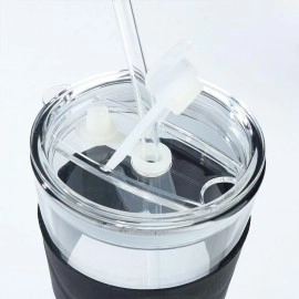 Premium Glass Sipper Fruit Juice Milk Tumbler Mug with Leather Sleeve Glass Coffee Mug with Straw and Lid Glass Tumbler for Coffee, Tea, Milk Beverages Travel Cup (450ML, Grey, 1Pcs)
