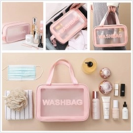 Wash Bag Clear Makeup Pouch Set Cosmetic Organizer Bag for Women and Girls Travel Waterproof Toiletry Storage Kit Organizer Makeup Pouch for Cosmetics Brushes Accessories (Set of 3, Pink)