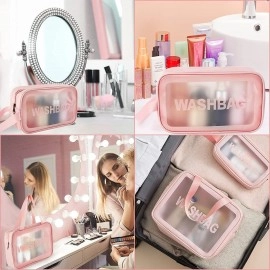 Wash Bag Clear Makeup Pouch Set Cosmetic Organizer Bag for Women and Girls Travel Waterproof Toiletry Storage Kit Organizer Makeup Pouch for Cosmetics Brushes Accessories (Set of 3, Pink)