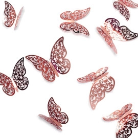 12pcs 3D Gorgeous Shiny Rose Gold Butterfly Stickers with Sticking Pads- (Rose Gold, Set of 12)