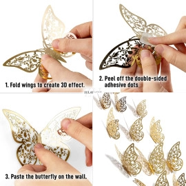 12pcs 3D Gorgeous Shiny Rose Gold Butterfly Stickers with Sticking Pads- (Rose Gold, Set of 12)