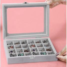 Earring Storage Case 24 Compartments Ring Velvet Display Case Box Locker Box Set Organizer Velvet Jewelry Tray Cufflink Storage Showcase with Clear Glass Lid (Grey)