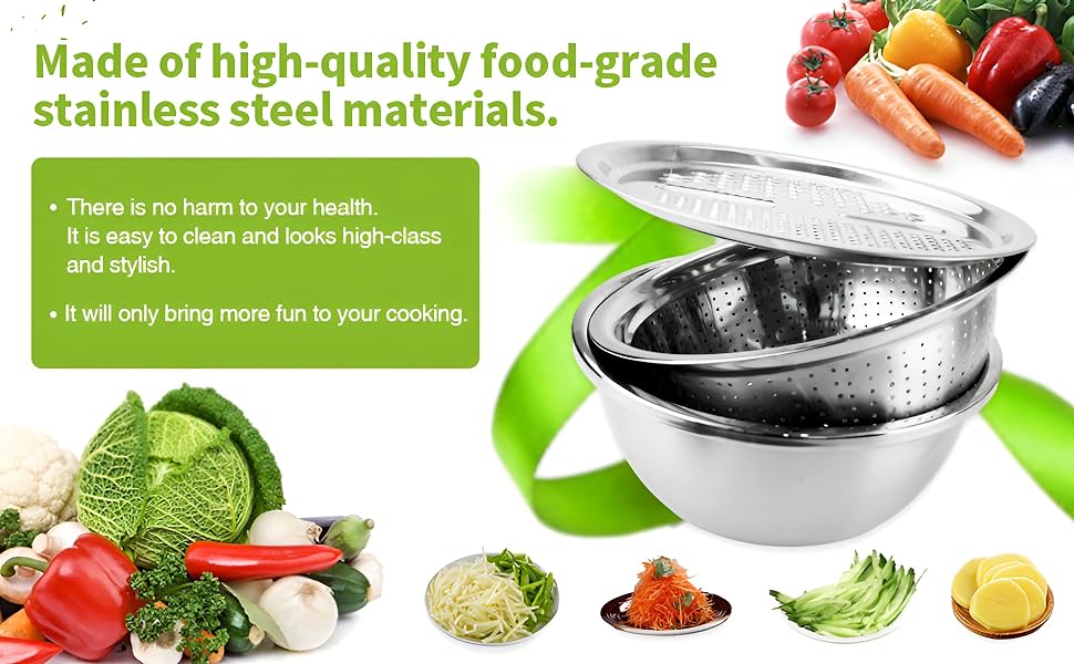 DAYANIDHI3in1StainlessSteelVegetableDrainerStrainerCutterKitchenBasinBowlSetChee