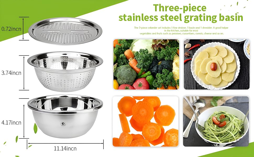 DAYANIDHI3in1StainlessSteelVegetableDrainerStrainerCutterKitchenBasinBowlSetChee