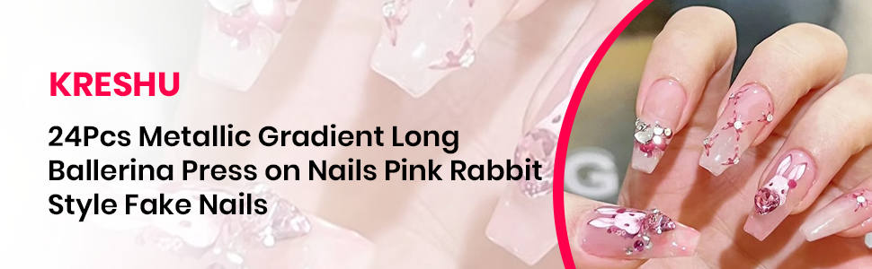 KRESHU-24Pcs-Metallic-Gradient-Long-Ballerina-Press-on-Nails-Pink-Rabbit-Style-F