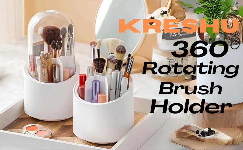 KRESHU360RotatingMakeupBrushHoldersOrganizerTransparentMakeupBrushBoxWithLidDust