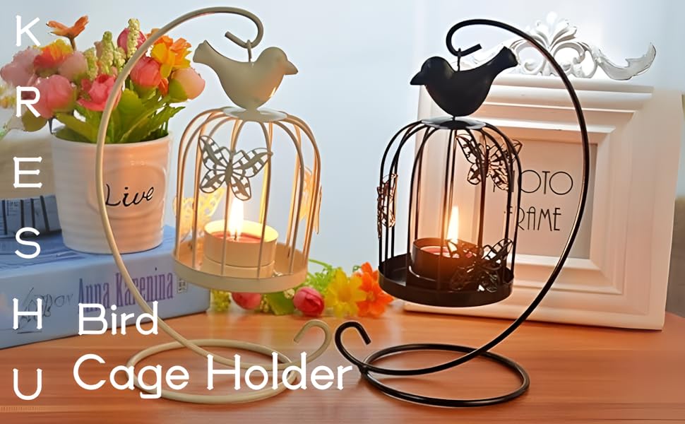 KRESHUBirdCageMetalLanternsBlackHangingHollowCandleStickCollectionRetroButterfly