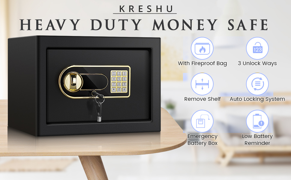 KRESHUFireproofHeavyDutyMoneySafeBoxwithDigitalNumericKeypadand2EmergencyKeysSec