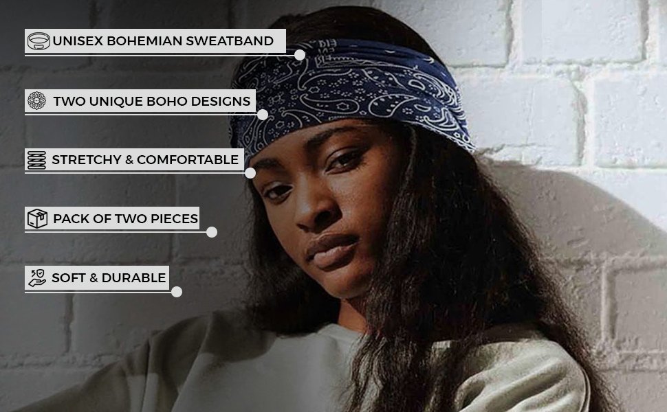 Proberos-2Pcs-Gym-Headbands-Bohemian-Headbands-for-Women-Men-Stretch-Wide-Hair-B