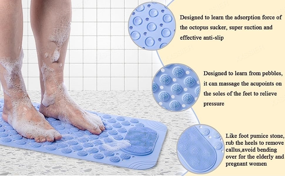 VDNSIAntiSkidBathmatwithFootScrubberforBathRoomShowermatwithSuctionCupsDrainHole